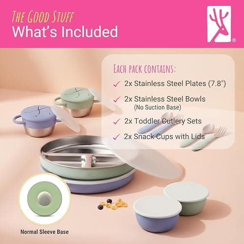 Elk and Friends Stainless Steel Mealtime Bundle with Sleeves | 10pc Set | Kids/Toddler Dinner Set | Silicone Sleeves | 7.8" Plates, Bowls, Snack Cups, Toddler Utensils | Travel Lids | Dishwasher Safe thumbnail 7