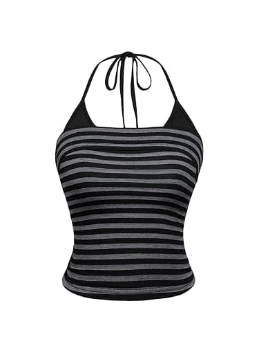 Cioatin Women Y2K Aesthetic Stripe Spaghetti Strap Tie Up Halter Crop Cami Sleeveless Backless Tube Tank Top Summer Going Out - Image 1