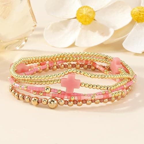 Bohxantium Gold Beaded Bracelets Stack for Women Stackable 14K Gold Plated Beads Ball Cross Bracelet Boho Christian Jewelry Faith Friendship Birthday Gifts for Women thumbnail 4