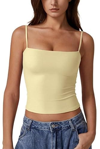 QINSEN Women's Double Lined Basic Tank Top Adjustable Spaghetti Straps Sleeveless Camisole Shirts - Image 1