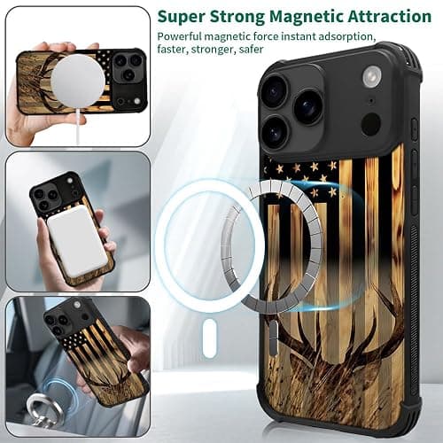 DJSOK Case for iPhone 17 Pro Max,Compatible with MagSafe,Anti-Scratch Shockproof Case,Wood Grain American Flag Buck Hunter Deer thumbnail 3