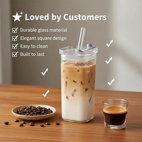 Vibinz Glass Cups with Lid and Straw, 12oz/350ml Clear Glass Coffee Tumbler for Iced Drinks, Tea, Smoothies, Latte and Matcha, Reusable Drinking Glass Set, Cute Cups for Home, Kitchen Essentials thumbnail 4