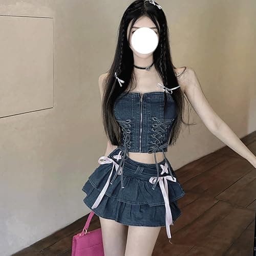 RILGOU Y2K Gothic Kawaii Elastic High Rise Ribbon Pleated Denim Short Skirt | Cutecore, Preppy Clothes, Cute Casual Style, Streetwear, Athleisure, Coquette, A Line, with Shorts Underneath, For Daily Wear thumbnail 3
