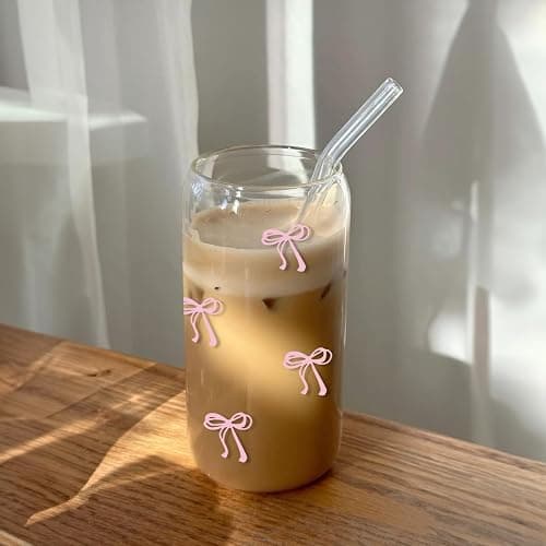 Mikopei Coquette Aesthetic Glass Cups with Lids and Straws - Pink Bow Iced Coffee Cup Decor, Cute Tumbler Smoothie with Cleaning Brush&Gift Box, Gifts for Girls Women Friends, 16 oz thumbnail 6
