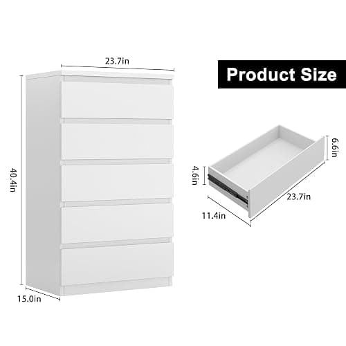 Jocoevol White 5 Drawer Dresser for Bedroom, 15" D x 23.7" W x 40.4" H in Simply Modern Chest of Drawers, Wood Storage Dresser with Deep Drawers for Living Room Hallway Entryway, White thumbnail 2