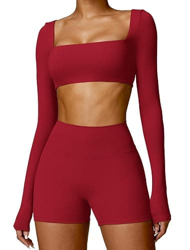 ABOCIW Workout Sets for Women 2 Piece Square Neck Long Sleeve Crop Tops High Waist Biker Shorts Gym Sets - Image 1