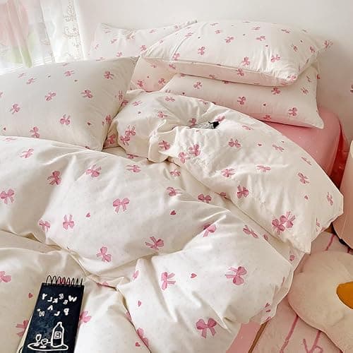 Nayoroom Bettwäsche 135x200 Mädchen Weiß mit Rosa Schleifen Kinder Bettbezug 2teilig Aesthetic Kawaii Schleifenmuster Microfaser Einzelbett Deckenbezug mit Reißverschluss und Kissenbezug 80x80cm thumbnail 3