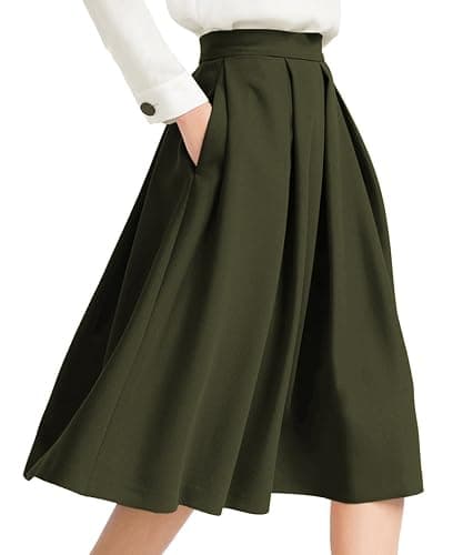 Yige Women's High Waist Flared Skirt Pleated Midi Skirt with Pocket - Image 1