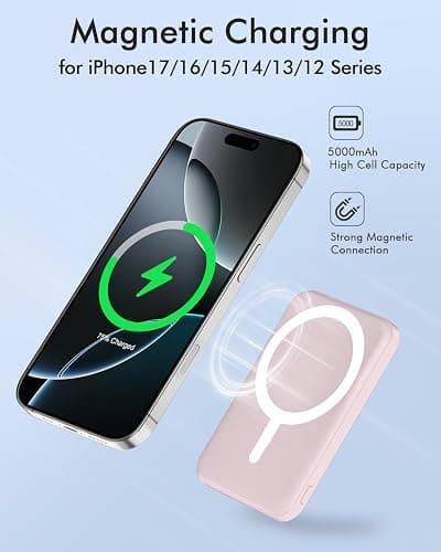 podoru for Magsafe Battery Pack, 5000mAh Magnetic PowerBank with Type-C Cable 20W PD Fast Charging Lighting Input Wireless Charger for iPhone 17/16/15/14/13/12/ All Series-Light Pink thumbnail 3