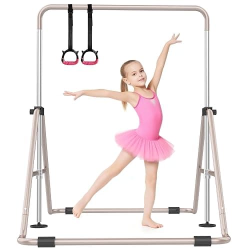 SHIWEI Gymnastics Bar for Kids, Gymnastic Kip Bar 5-Height Adjustable Home | Foldable, Indoor Outdoor Use, 140lb Capacity, for Ages 3-8, with Gymnastics Rings, Anti-Slip & Space-Saving Design - Image 1