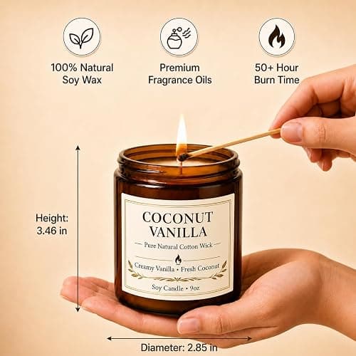 Coconut Vanilla Candle, 9 oz Soy Coconut Wax Scented Candle for Home, Vanilla Coconut Aromatherapy Candle, Clean Burning Jar Candle for Bedroom Bathroom Spa, Candle Gifts for Women Men thumbnail 3