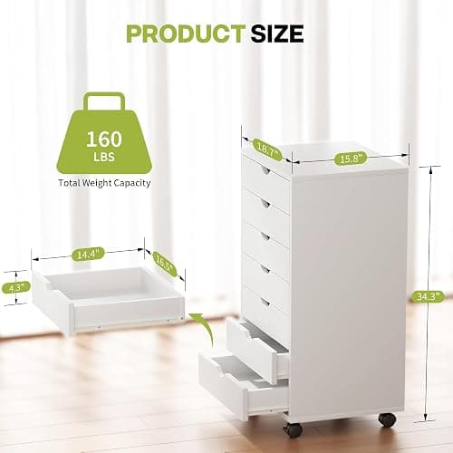 Simple Deluxe 7 Drawer Chest Mobile Storage Cabinets Wooden Dresser with Wheels Room Organization Furniture for Office, Pure White thumbnail 3