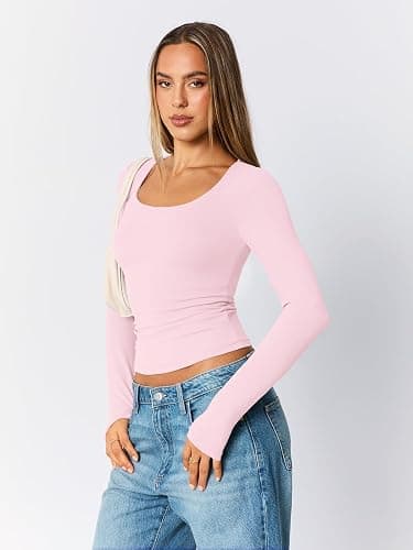 Trendy Queen Womens Scoop Neck Long Sleeve Shirts Skinny Going Out Crop Tops Cute Fall Fashion 2025 Clothes thumbnail 3