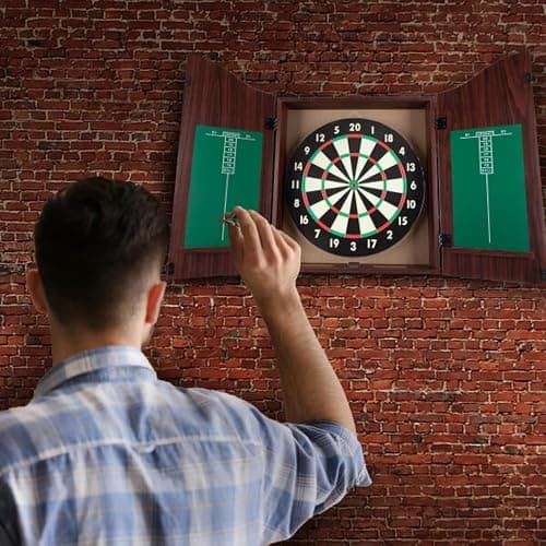 Dart Board Cabinet Set with 18-inch Dartboard, 6 Steel-Tip Darts, and Chalkboard Scoring for Game Rooms, Man Caves, and Home Bars by Trademark Poker thumbnail 2