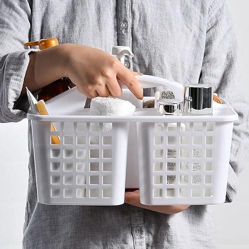 ALINK Plastic Shower Caddy Basket with Compartments, Portable Divided Cleaning Supply Storage Organizer with Handle for College Dorm Bathroom - White thumbnail 3