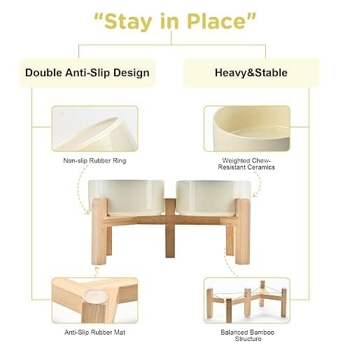 SPUNKYJUNKY Elevated Dog Bowls Ceramic, 6.1'' Dogs and Cat Food Water Bowls Raised with Non-Slip Bamboo Stand for Medium Sized Breed Microwave Dishwasher Safe - 28.7 OZ,Beige thumbnail 4