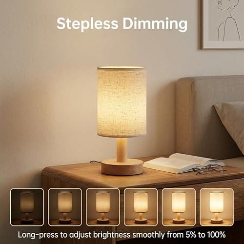 Puzipha Small Cordless Rechargeable Table Lamp, Touch Control Dimmable 2700K Warm Light, Natural Wood Base Linen Shade for Bedroom Dorm Nightstand thumbnail 2