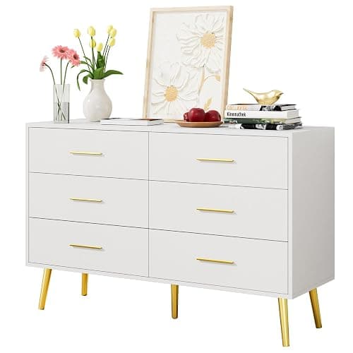 LYNSOM White 6 Drawer Dresser for Bedroom with Gold Handles, Modern Chest of Drawers, Wooden Dressers Organizer for TV Stand,Living Room, Hallway, Entryway thumbnail 6