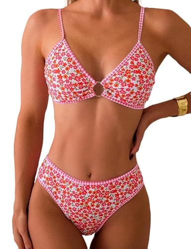 Tainehs Women's Two Piece Bikini Sets O Ring Front Top Ditsy Floral Triangle Swimsuits Cheeky Bathing Suit - Image 1