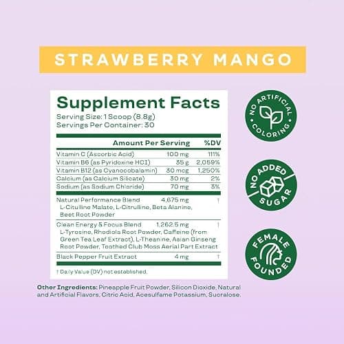 Bloom Nutrition High Energy Pre Workout with Beta Alanine, Ginseng and L Tyrosine for Amino Energy, Natural Caffeine Powder from Green Tea Extract, Keto, Sugar Free Drink Mix, Strawberry Mango thumbnail 4