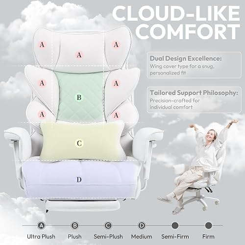 Dowinx Big and Tall Office Chair, High Back PU Leather Computer Gaming Chair with Pocket Spring Cushion, Adjustable Armrests, Lumbar Support, and Footrest –Light White thumbnail 4