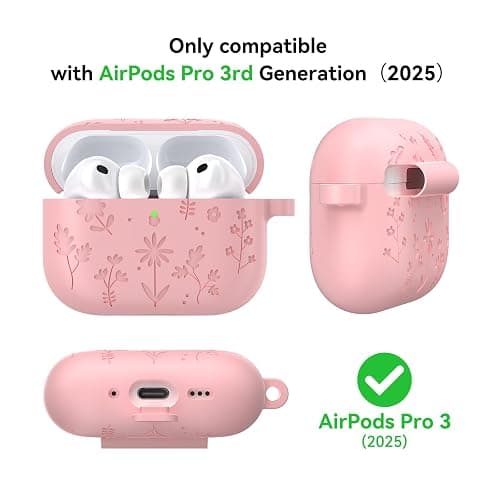 for AirPods Pro 3 Case, Premium Silicone Flower Engraved Cute Protective Case Cover for Airpods Pro 3rd Generation 2025, with Cleaner Kit and Carabiner for Women Girls thumbnail 2