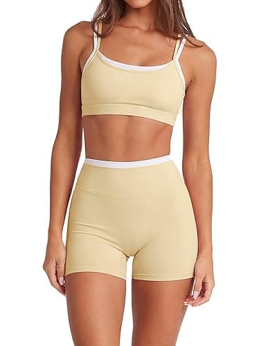 SUUKSESS Women 2 Pieces Workout Sets Padded Spaghetti Straps Camis High Waist Biker Shorts - Image 1