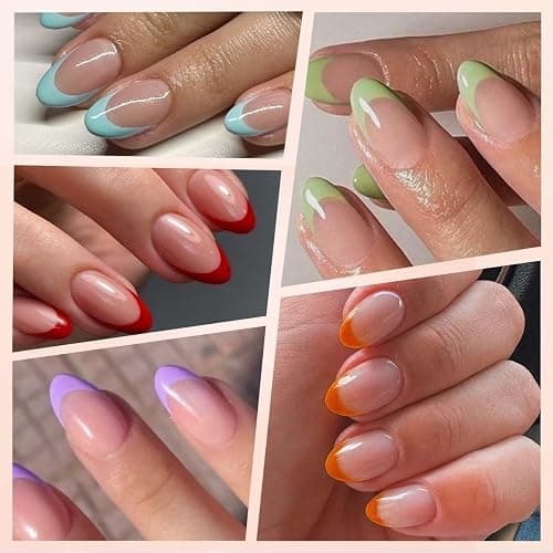 216 Pcs French Tip Press on Nails Meidum Almond Fake Nails 9 Color French Tips Glossy Acrylic Glue On Nails Full Cover Soft Gel False Nail Tips Kit for Women DIY Nail Art Manicure 12 Size thumbnail 7