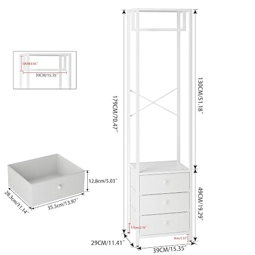 YMYNY Coat Rack with Non-woven Drawer, Freestanding Tall Closet Organizer, Clothes Rack with Rod, Tall Clothes Standing Dresser for Bedroom, Living Room, Entryway, 39×29×179CM White HGR001W thumbnail 3