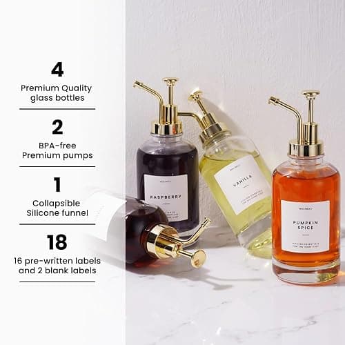 Molimoli Coffee Syrup Dispenser for Coffee Bar, Coffee Pump Dispenser, Glass Syrup Bottle w. Pump, Maple/Coffee Syrup Bottles, Set of 4 w. Labels, Gold thumbnail 3