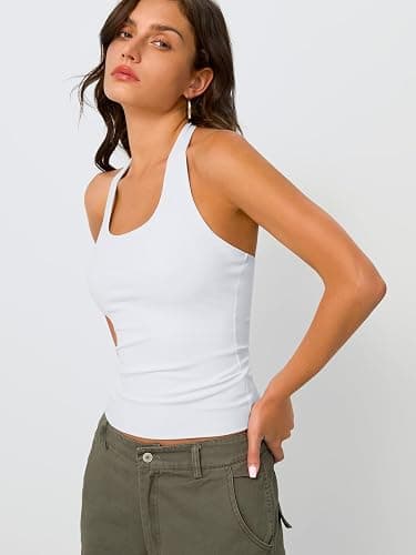 Trendy Queen Halter Tops for Women 2026 Summer Going Out Crop Cute Y2k Tops | Sleeveless Backless Open Back Tops, Workout Gym Clothes, Beach Vacation Outfits Casual Tank Tops, Spring Fashion Outfits thumbnail 3