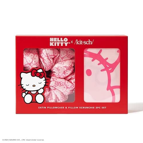 Kitsch Hello Kitty Satin Pillowcase, Softer Than Silk for Hair & Skin, Machine Washable, Wrinkle-Free, Standard Size, and Satin Scrunchies No Damage Hair Ties Pink Kitty Faces, 2 Piece Set - Pink Kitty Faces thumbnail 5