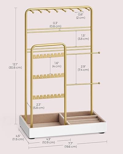 SONGMICS Jewelry Holder, Jewelry Organizer, Jewelry Display Stand with Metal Frame, Velvet Tray, Necklace Earring Bracelet Holder, for Studs, Rings, Gift Idea, Pale Gold UJJS021A01 thumbnail 4