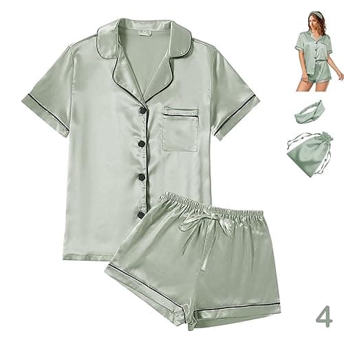 4Pcs Womens Satin Silky Pajama Sets Short Sleeve Shirt XS-4XL Floral Pajamas Set Soft PJ Loungewear Sleepwear