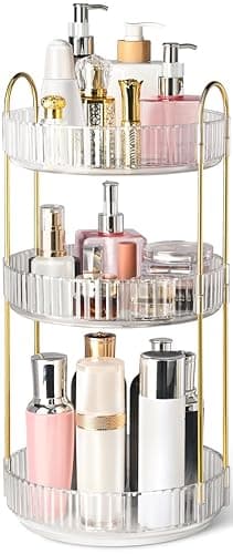 360° Rotating Makeup Organizer for Vanity, 3 Tier Perfume Organizers Skincare Organizers and Storage for Bathroom Countertop, Spinning Cosmetic Organizer for Bedroom Dresser Counter, Clear - Image 1