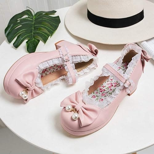 LUXMAX Women Kawaii Mid Block Heel Mary Jane Rockabilly Pumps with Bow Platform Chunky Heel Cute Sweet Shoes - 5 - Pink1 thumbnail 3