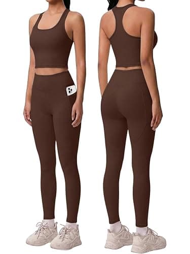 2 Piece Workout Sets for Women Racerback Tank High Waisted Pocket Leggings No Front Seam Tummy Control Butt Lifting - Image 1