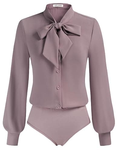 Kate Kasin Women Bow Tie Neck Office Blouse Button Down Long Sleeve Bodysuits Blouse Top - Image 1