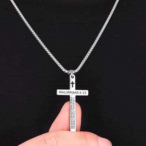 Fiusem Bible Verse Cross Necklace for Men, Stainless Steel Mens Necklace, Black/Gold/Silver Tone Cross Pendant for Men thumbnail 3