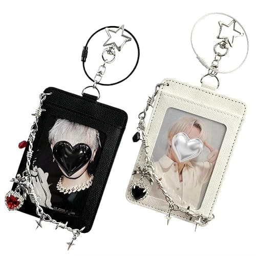 kavuipop K-pop Photocard Holder Keychain with Punk Style Charms, Hard Protective Card Case,Chain Decoration, Black and White, 2 pcs - Image 1