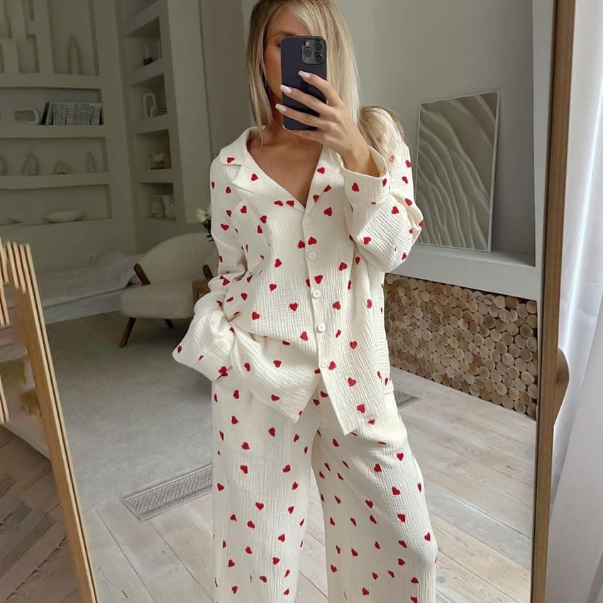 JATEFT Women's Cotton Pajama Set with Cute Heart Print, Cozy Long Sleeve and Long Pants, 2-Piece Sleepwear Kit (Large) Red thumbnail 4