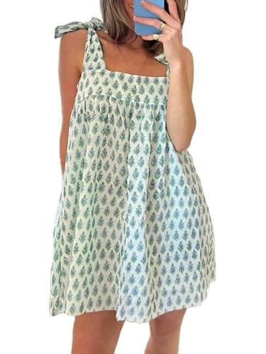 Women Y2k Boho Mini Dress Floral Tie Shoulder Ruffle Short Dress Flowy A Line Loose Beach Sundress - Image 1