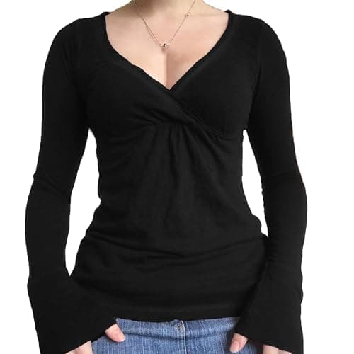 Women Fairy Grunge Aesthetic Shirts Tops Long Sleeve V Neck Tops Girl Basic Slim Fit Blouse Streewear - Image 1