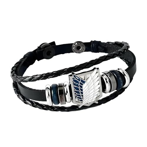Attack on Titan Wings of Freedom Leather Anime Bracelet Survey Corps Gift | Wings of Freedom zinc alloy emblem, turquoise and silver beads, genuine leather, snap buckles, 8.7 in, 0.4 oz - Image 1