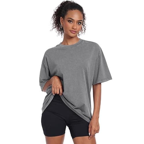 Womens Vintage Oversized T Shirts Acid Washed Baggy Cotton Tee Casual Workout Boyfriend Short Sleeve Tops thumbnail 3
