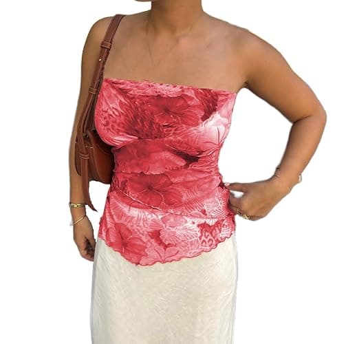 Women Floral Tube Top Strapless Off Shoulder Crop Shirt Y2k Aesthetic Graphic Print Bandeau Mesh Top - Cherry - Small - Image 1