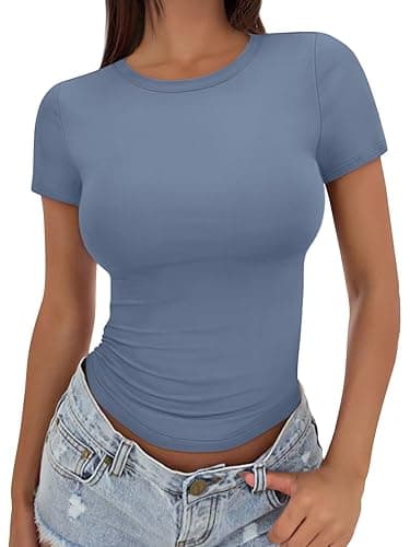 Trendy Queen Womens Basic T Shirts Summer Tops 2025 Crop Short Sleeve Slim Fit Tee Cute Gym Workout Clothes - Medium - Lightblue