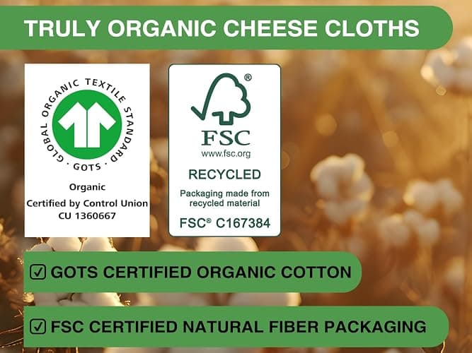Organic Cheese Cloths, GOTS Certified, Grade 100, 36x36Inch, Reusable Cheese Cloth with Closed Edges Fabric Fine Mesh Cloth, Unbleached Cotton Muslin Cheesecloth for Straining,Cooking,Crafts - 9 Sq.Ft thumbnail 2