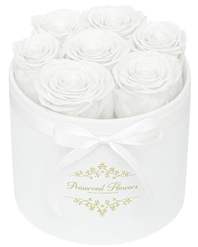7 Forever Flowers in a Luxury Suede Box, Preserved Roses Birthday Gifts for Women, Romantic Anniversary Wedding Gifts for Women Her Girlfriend Wife, White - Image 1