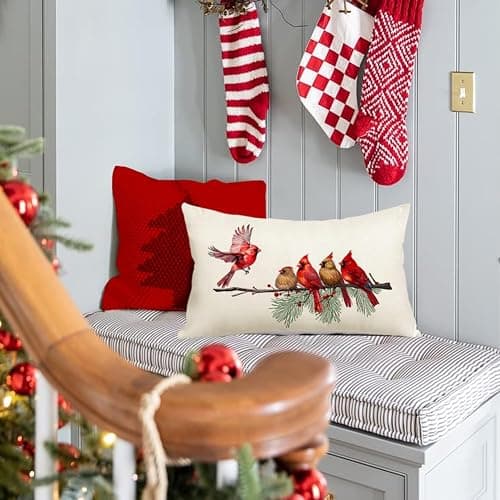 RABUSOFA Christmas Pillow Covers 12x20 Inch,Christmas Decorations Throw Pillow Covers Cardinal Birds Holiday Xmas Decor Cushion Covers for Sofa Home Couch Outdoor Winter Decor Red(18-12) thumbnail 8